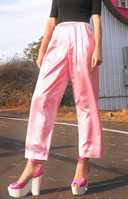 SS19 Pink Satin High-Waisted Silk Pants