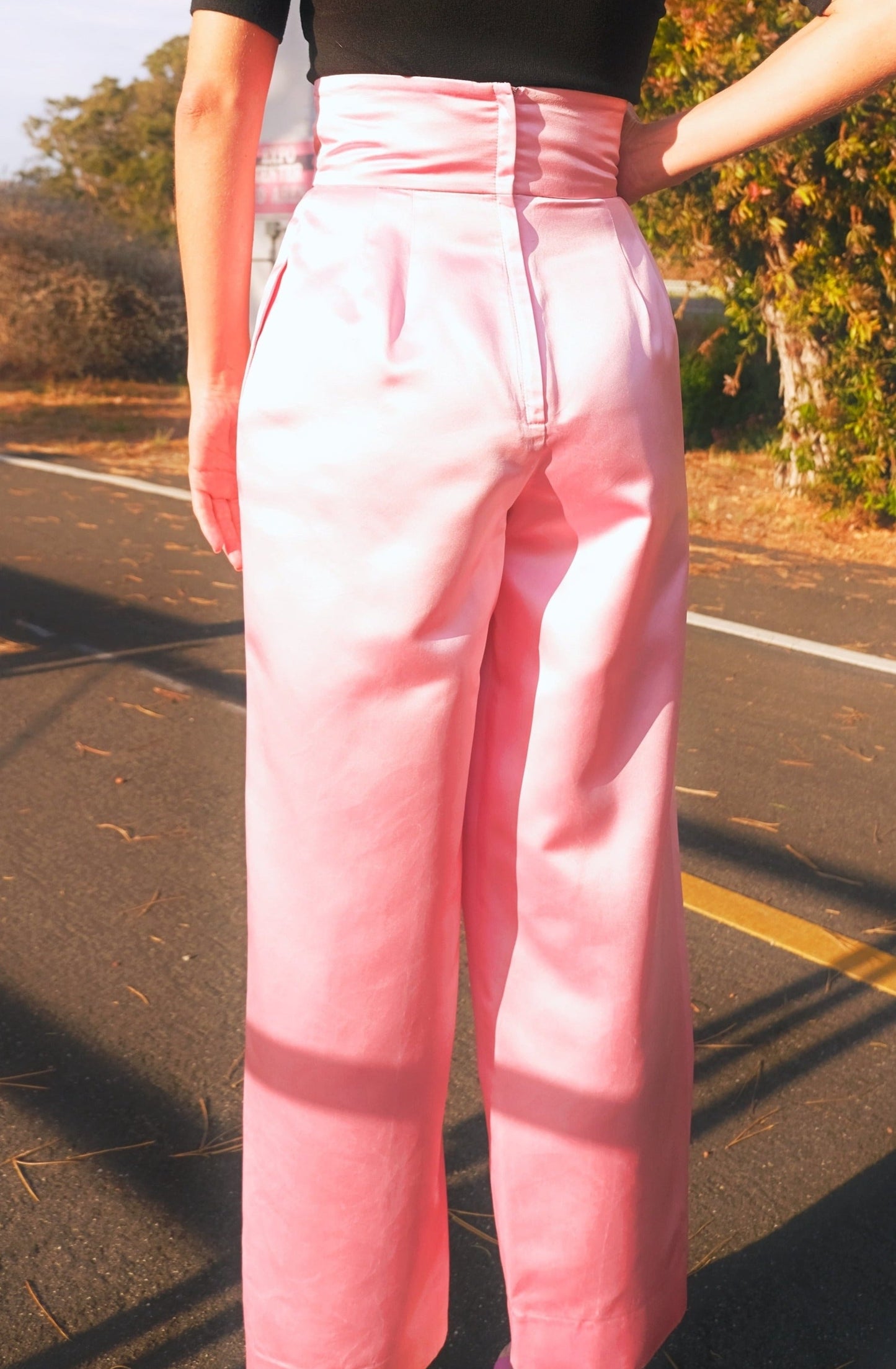 SS19 Pink Satin High-Waisted Silk Pants