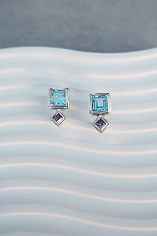 Vintage Sterling Silver Blue Topaz and Amethyst Earrings