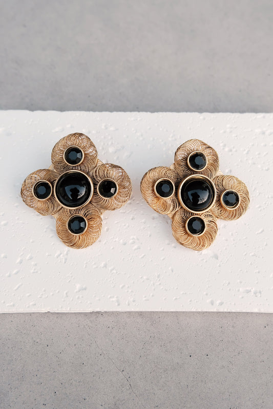 Vintage Gold-Tone Filigree Clip-On Earrings with Black Cabochons