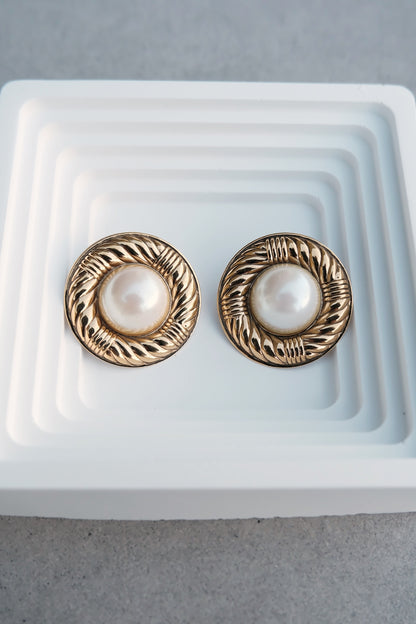 Vintage Gold-Tone Faux Pearl Clip-On Earrings with Rope Detailing