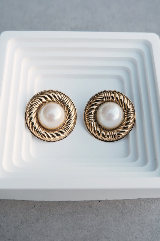 Vintage Gold-Tone Faux Pearl Clip-On Earrings with Rope Detailing