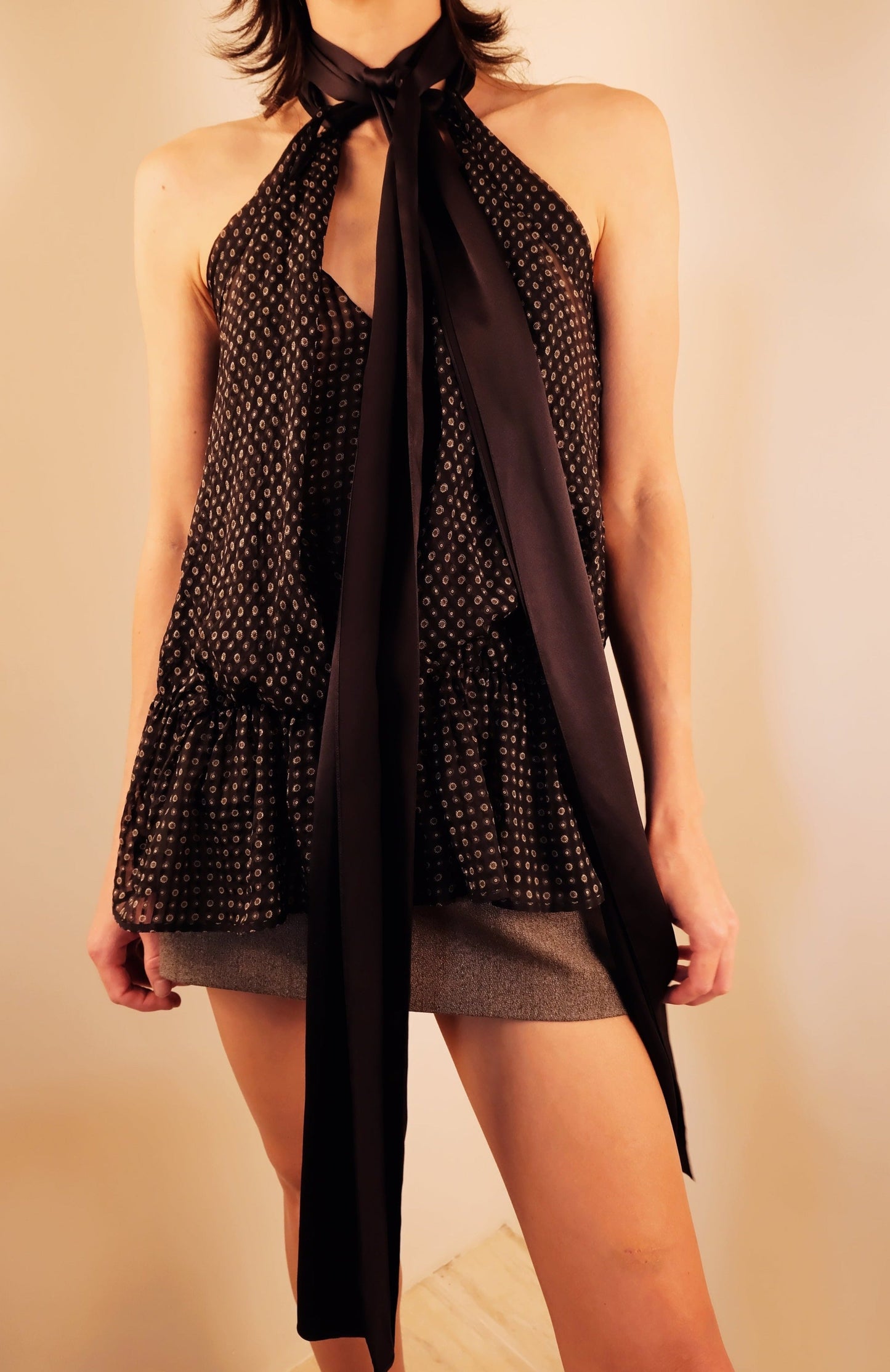 Polka Dot Silk Chiffon Open Back Halter Top with Scarf Tie