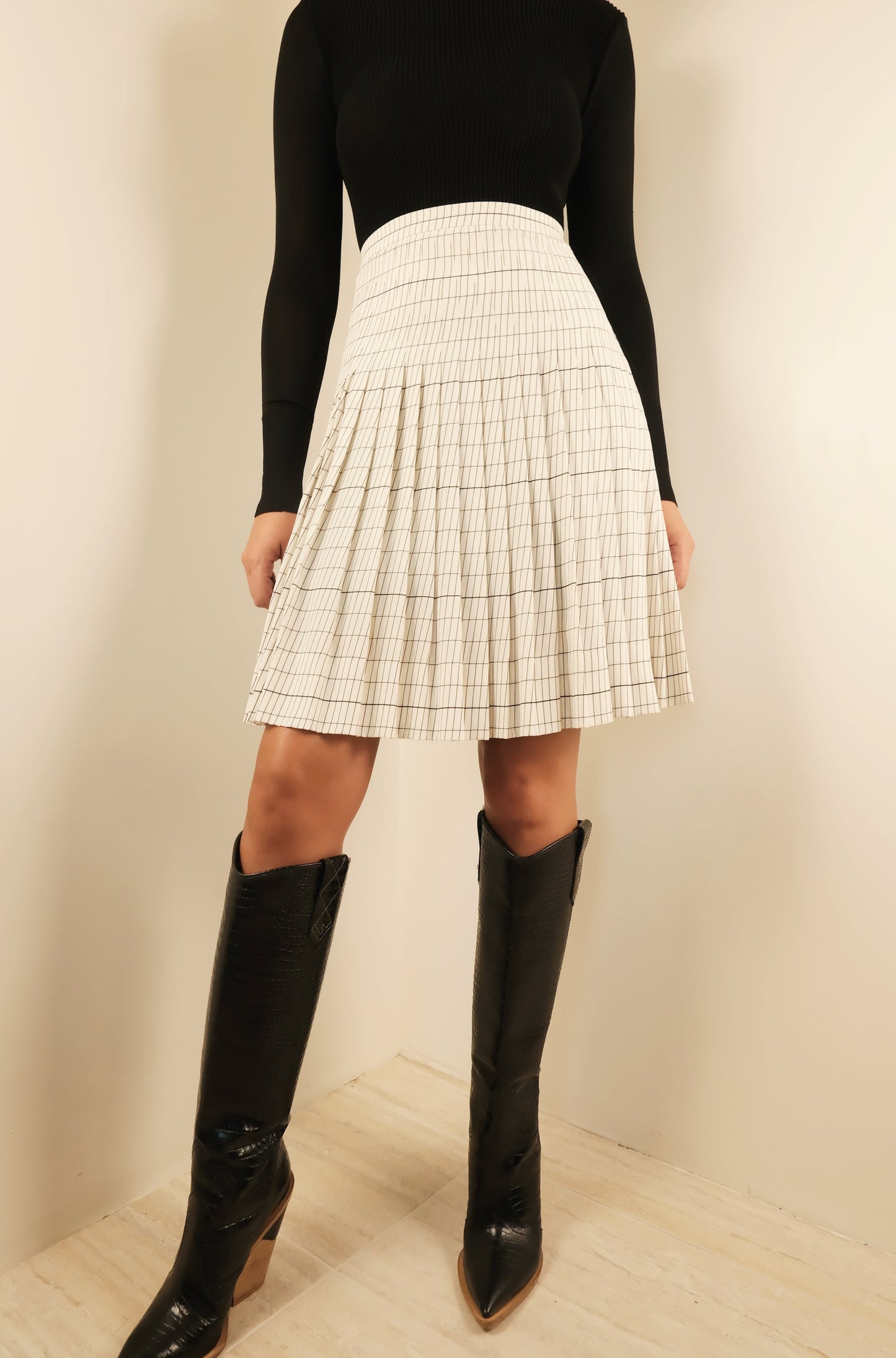 Phoebe Philo Era Silk Black and White Pleated Grid Print Skirt