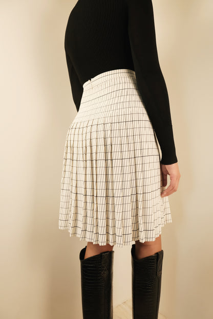 Phoebe Philo Era Silk Black and White Pleated Grid Print Skirt