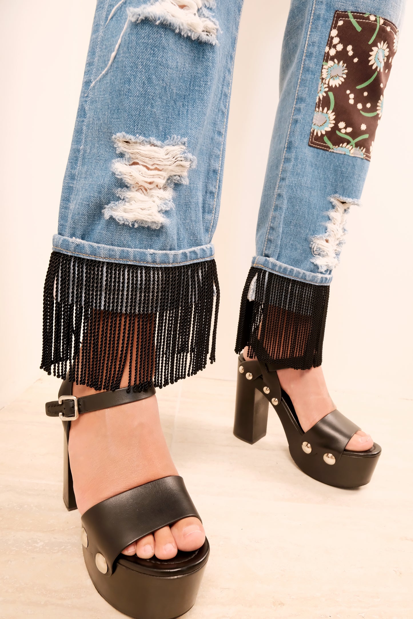 Patchwork Distressed Fringe Jeans SS14 Runway