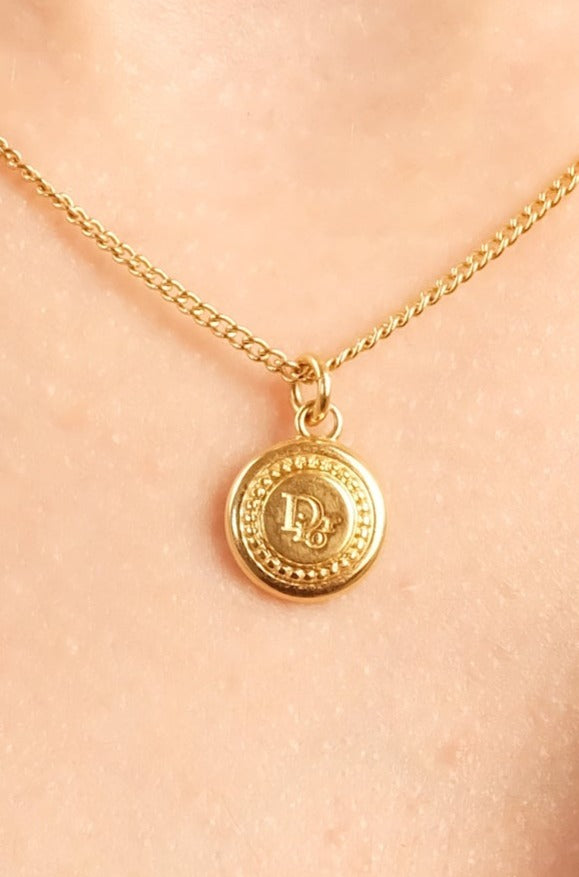 Vintage Gold Fine Chain Necklace with Coin Logo Pendant