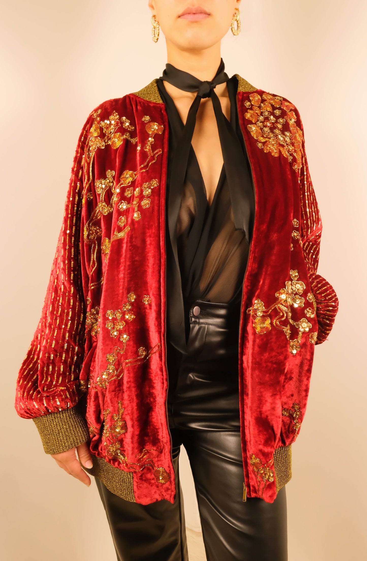 FW19 Oversized Hand Beaded Red Velvet Bomber Jacket