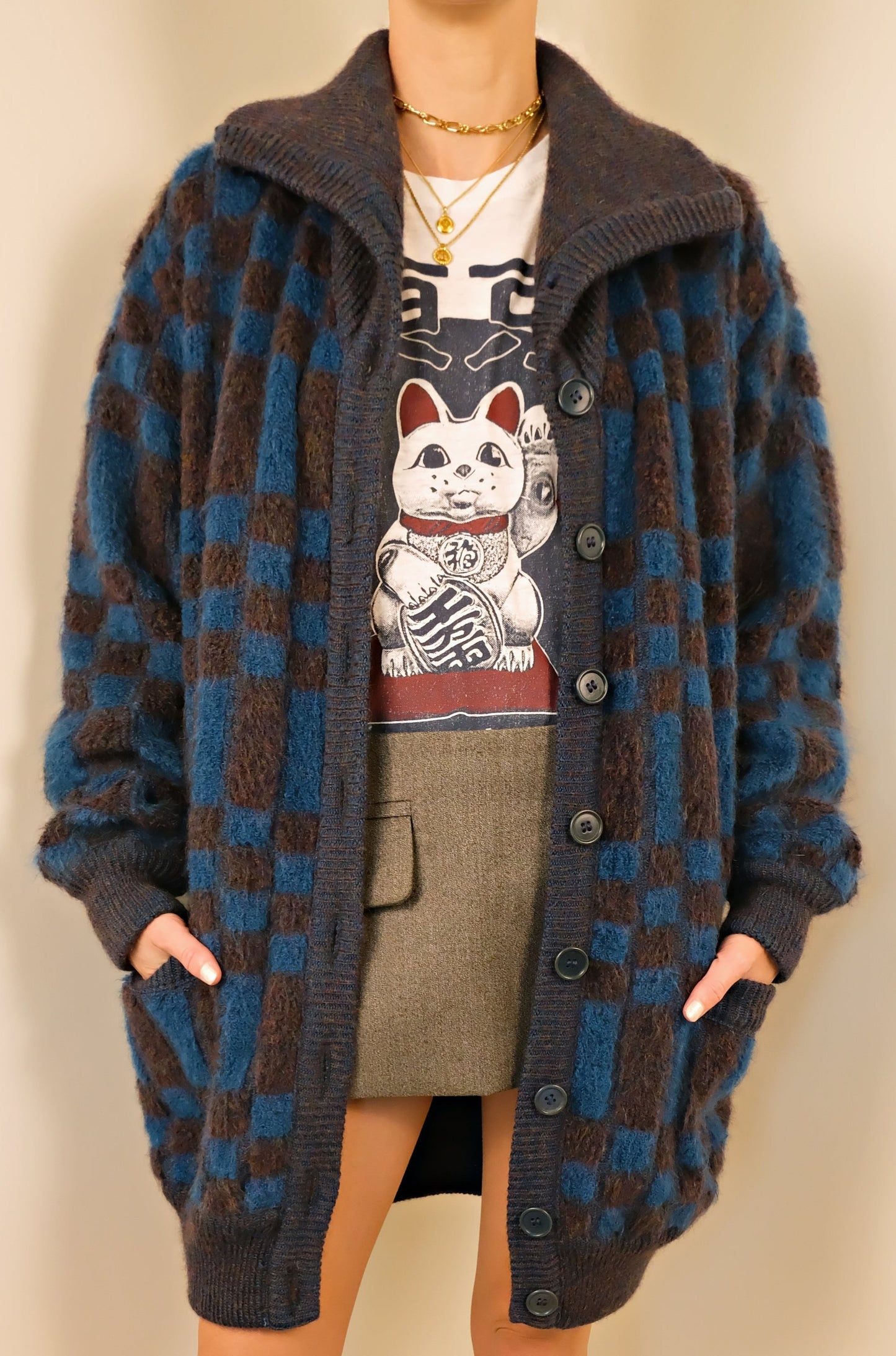 Vintage 1980's Reversible Check Print Knit Mohair Sweater Coat