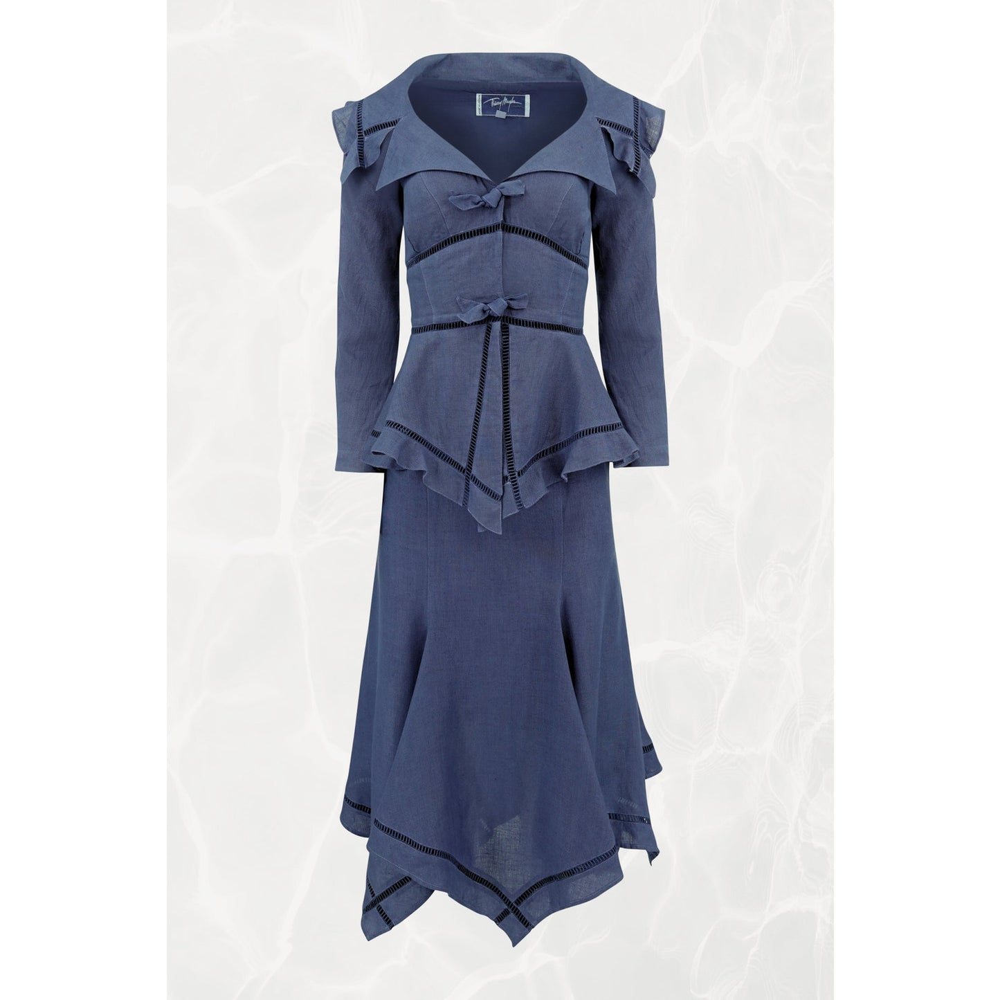 1990s Navy Linen Peplum Jacket and Skirt Set