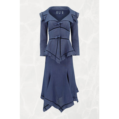 1990s Navy Linen Peplum Jacket and Skirt Set