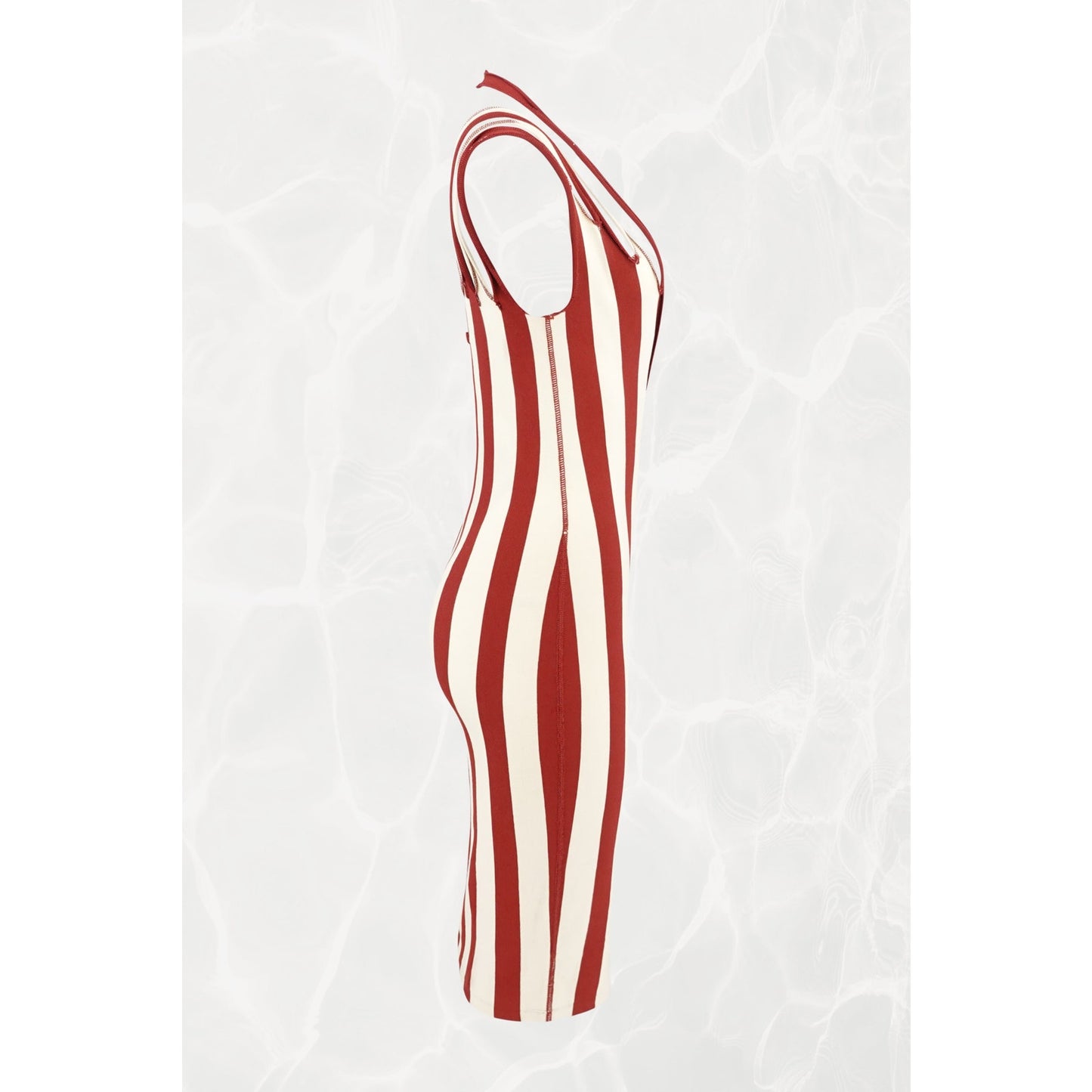 1990s Maille Red and Cream Stripe Multi-Strap Bodycon Knit Midi Dress