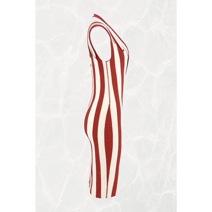 1990s Maille Red and Cream Stripe Multi-Strap Bodycon Knit Midi Dress