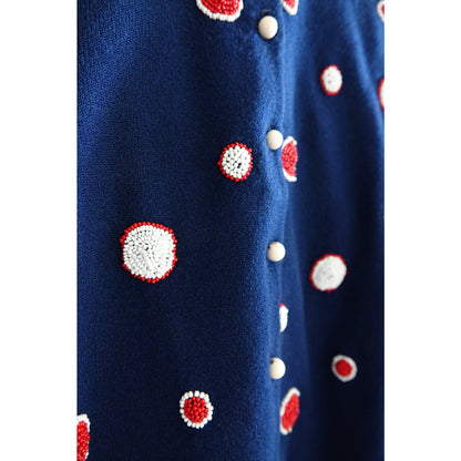 Vintage 1960s Schiaparelli Navy Beaded Polka Dot Cardigan