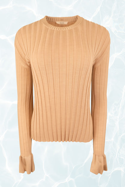 Phoebe Philo Era AW 2015 Beige Rib Knit Sweater Top with Flared Sleeve