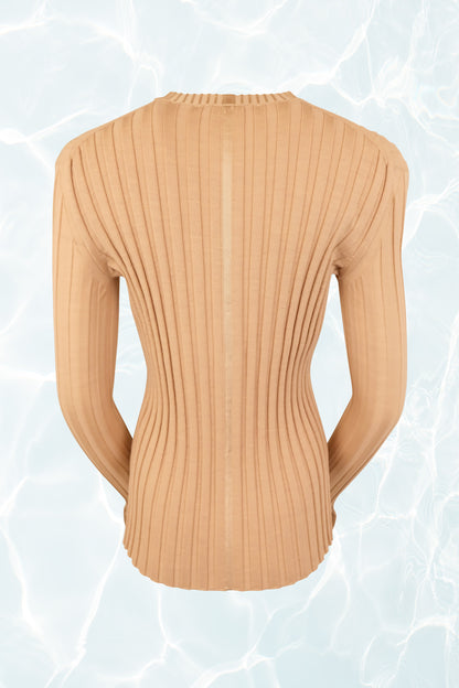 Phoebe Philo Era AW 2015 Beige Rib Knit Sweater Top with Flared Sleeve