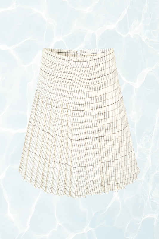 Phoebe Philo Era Silk Black and White Pleated Grid Print Skirt