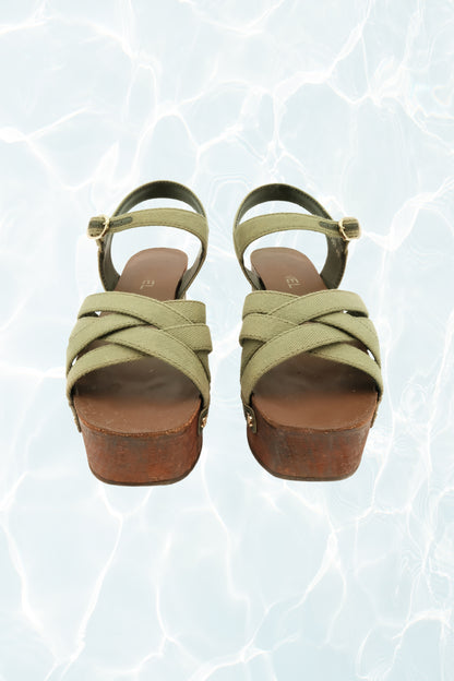 Resort 2017 CC Logo Khaki Wooden Clog Sandals