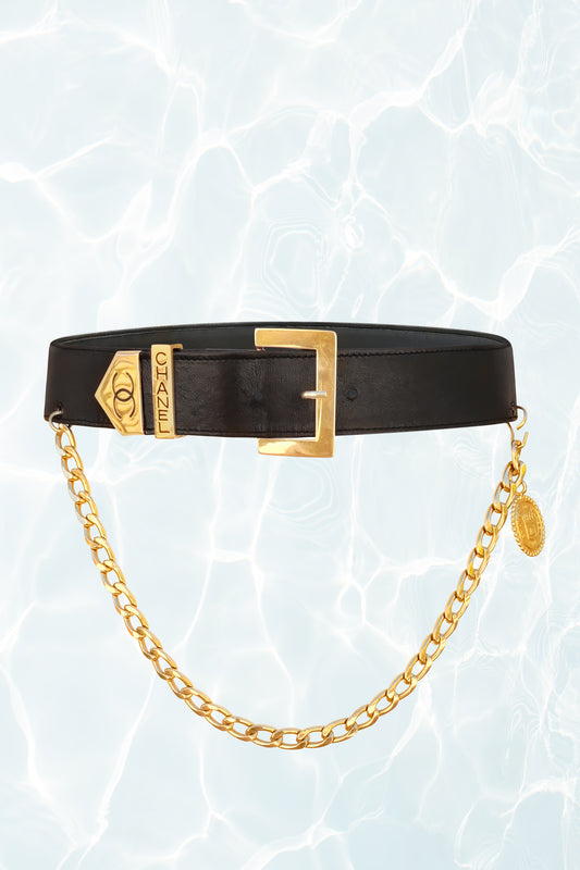 Vintage Drop Chain Leather Belt with Logo Detail