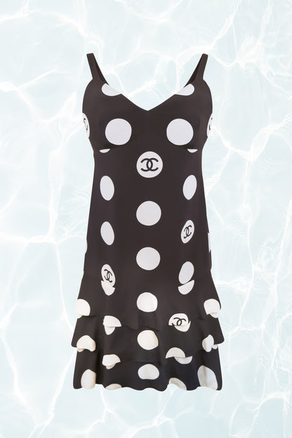 Vintage SS 1997 Runway Black and White Tiered Silk Polka Dot Tank Dress