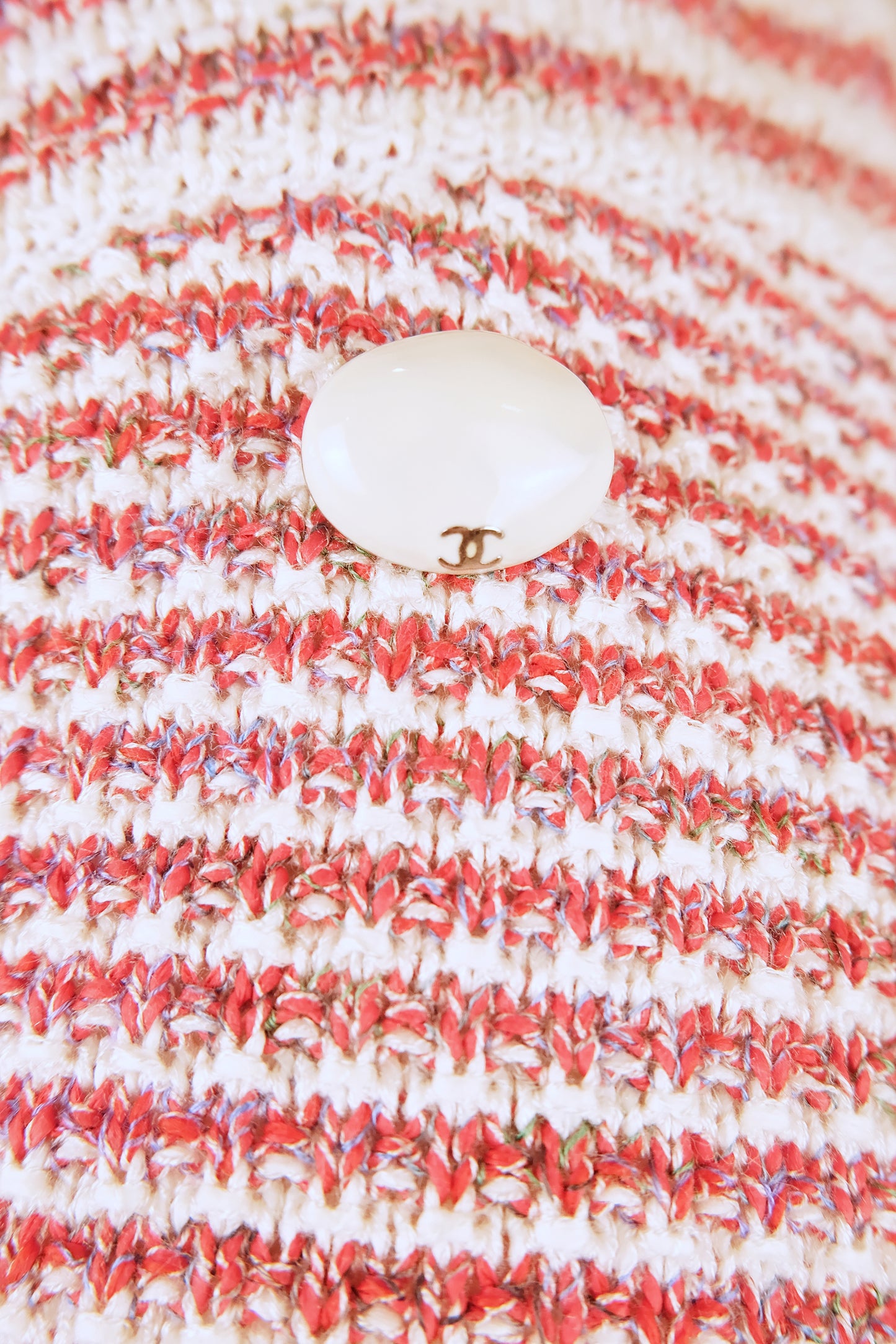 SS15 CC Logo Pearl Button Red and Off White Striped Flare Knit Mini Skirt