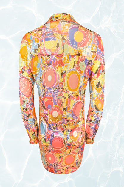 Vintage Long Sleeve Abstract Retro Psychedelic Print Zip Front Silk Dress