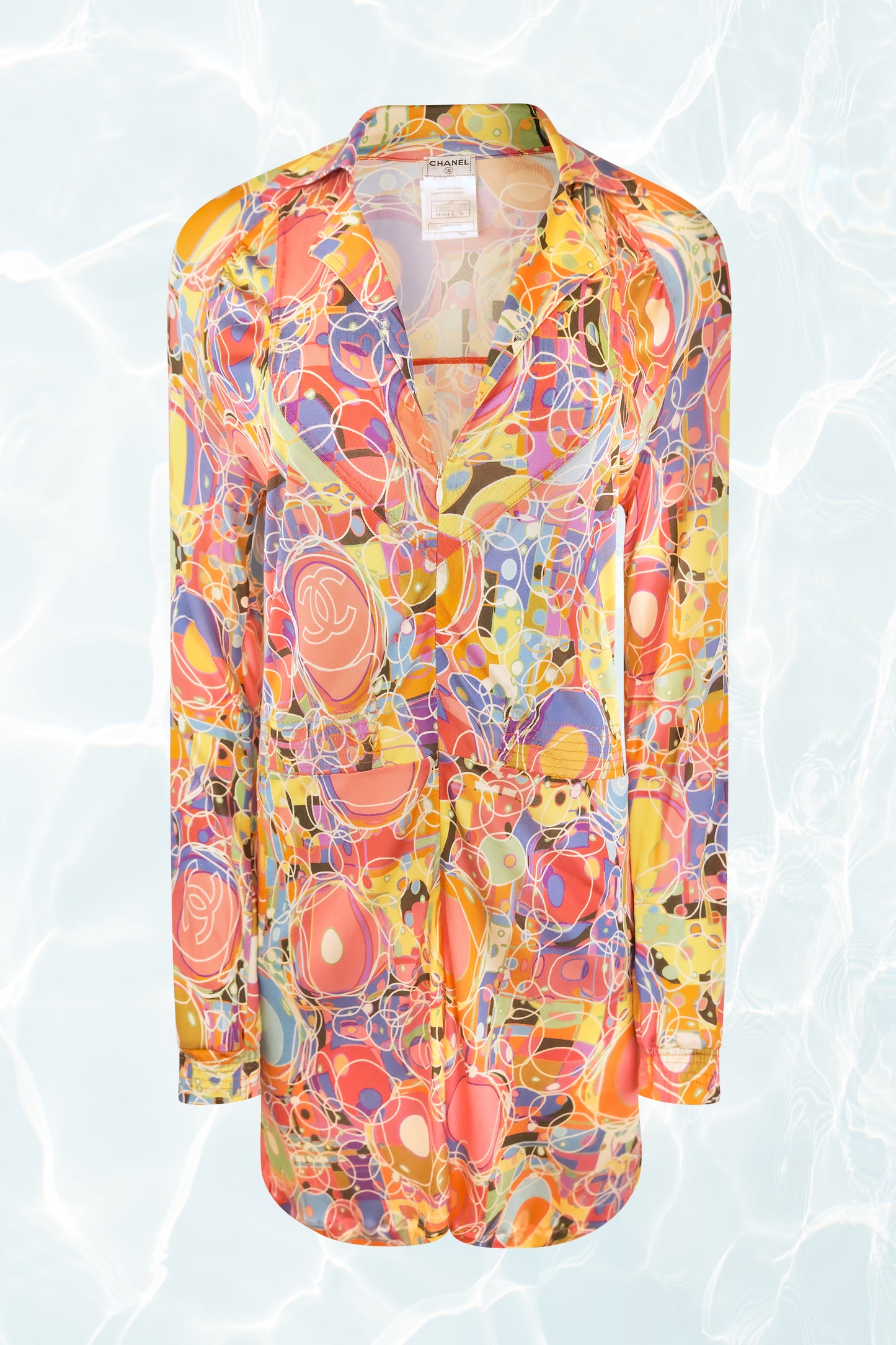 Vintage Long Sleeve Abstract Retro Psychedelic Print Zip Front Silk Dress