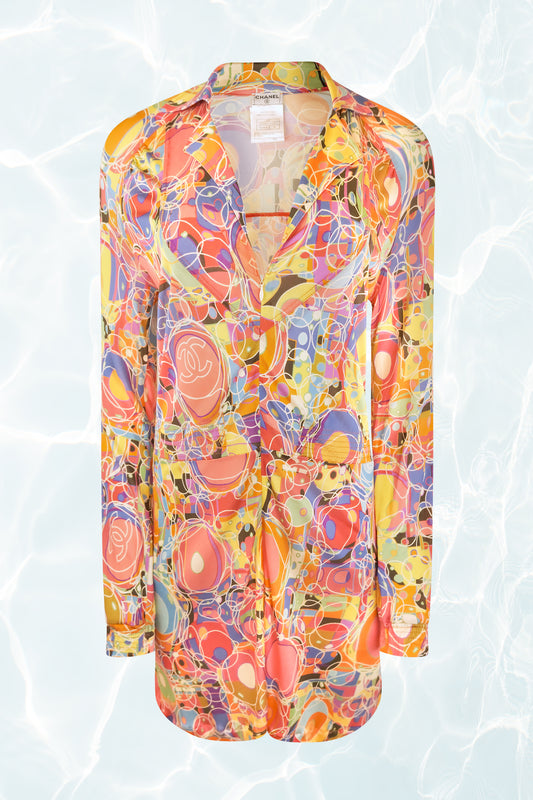 Vintage Long Sleeve Abstract Retro Psychedelic Print Zip Front Silk Dress