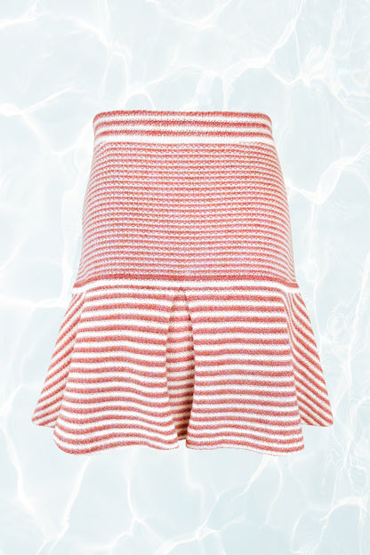 SS15 CC Logo Pearl Button Red and Off White Striped Flare Knit Mini Skirt