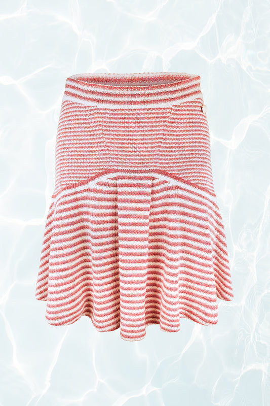 SS15 CC Logo Pearl Button Red and Off White Striped Flare Knit Mini Skirt