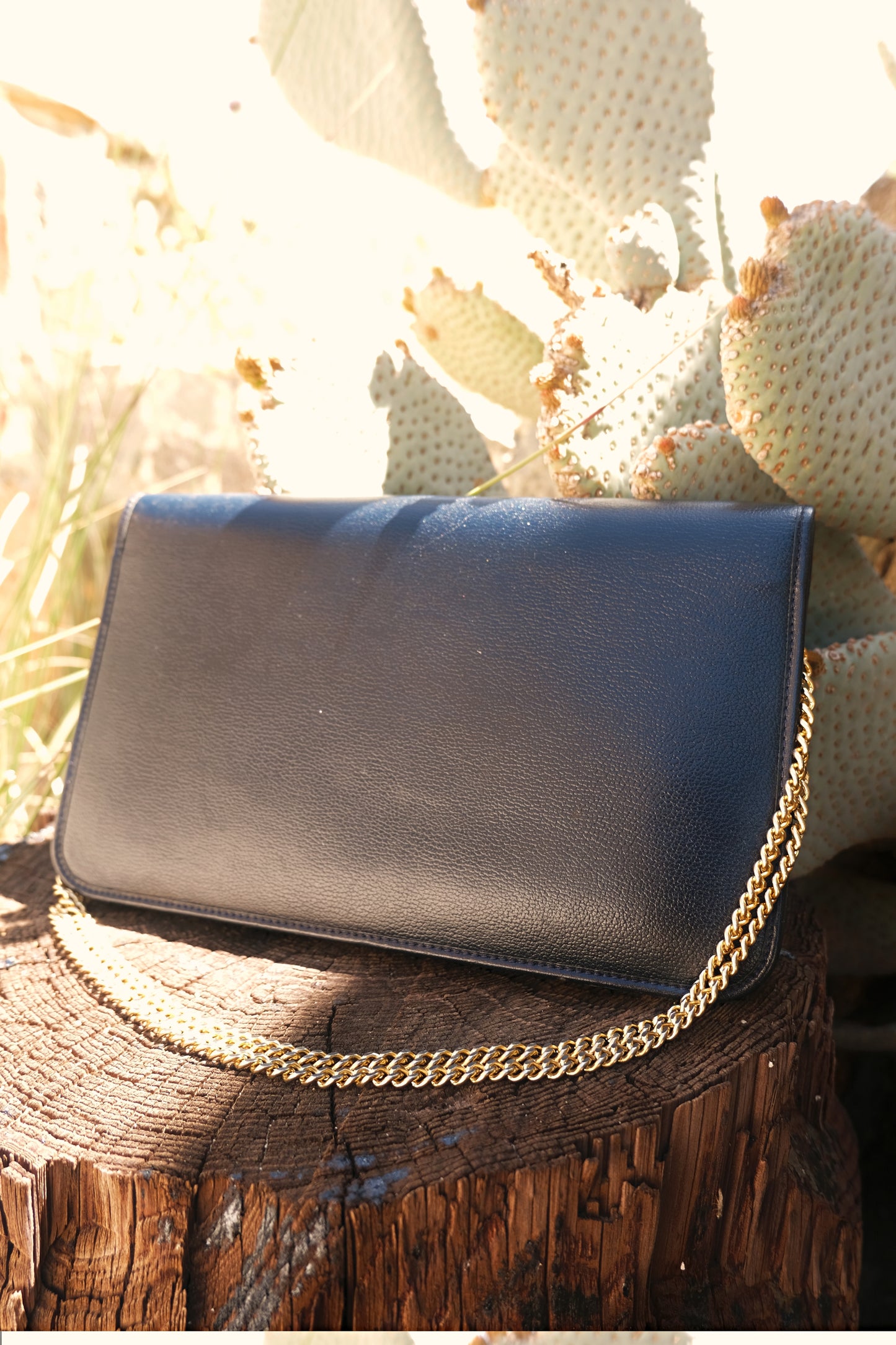 Vintage 1970s Navy Blue Leather Chain Flap Bag