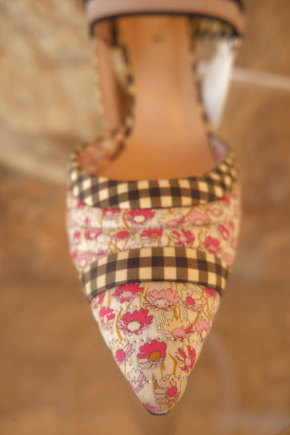 Gingham and Floral Colibri Cloth Slingback Pumps