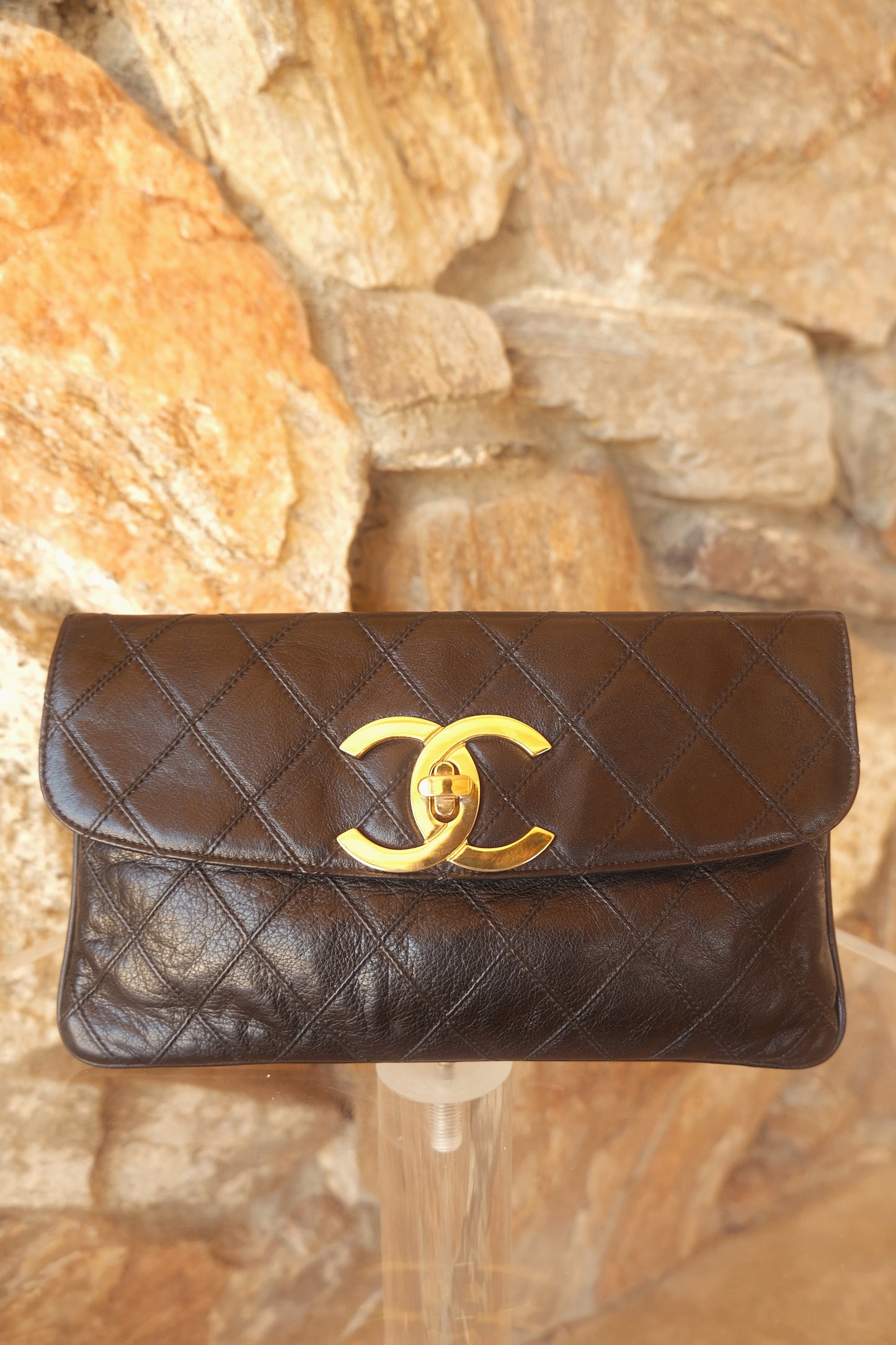 Vintage CC Black Lambskin Quilted Pouch Circa 1989