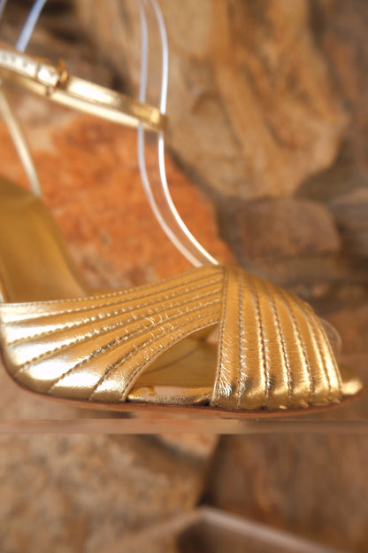 Vintage Gold Quilted Leather Ankle Strap Sandals