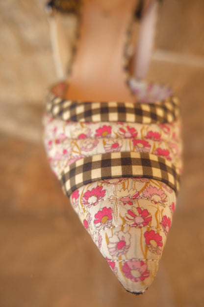 Gingham and Floral Colibri Cloth Slingback Pumps