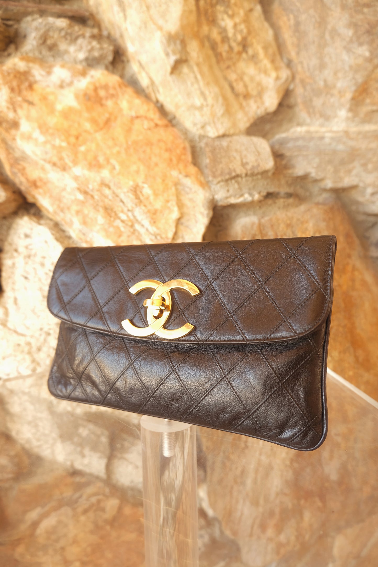 Vintage CC Black Lambskin Quilted Pouch Circa 1989