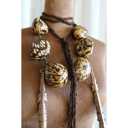 Vintage 1990s Tagua Nut Lariat Necklace with Carved Lizard Pendants