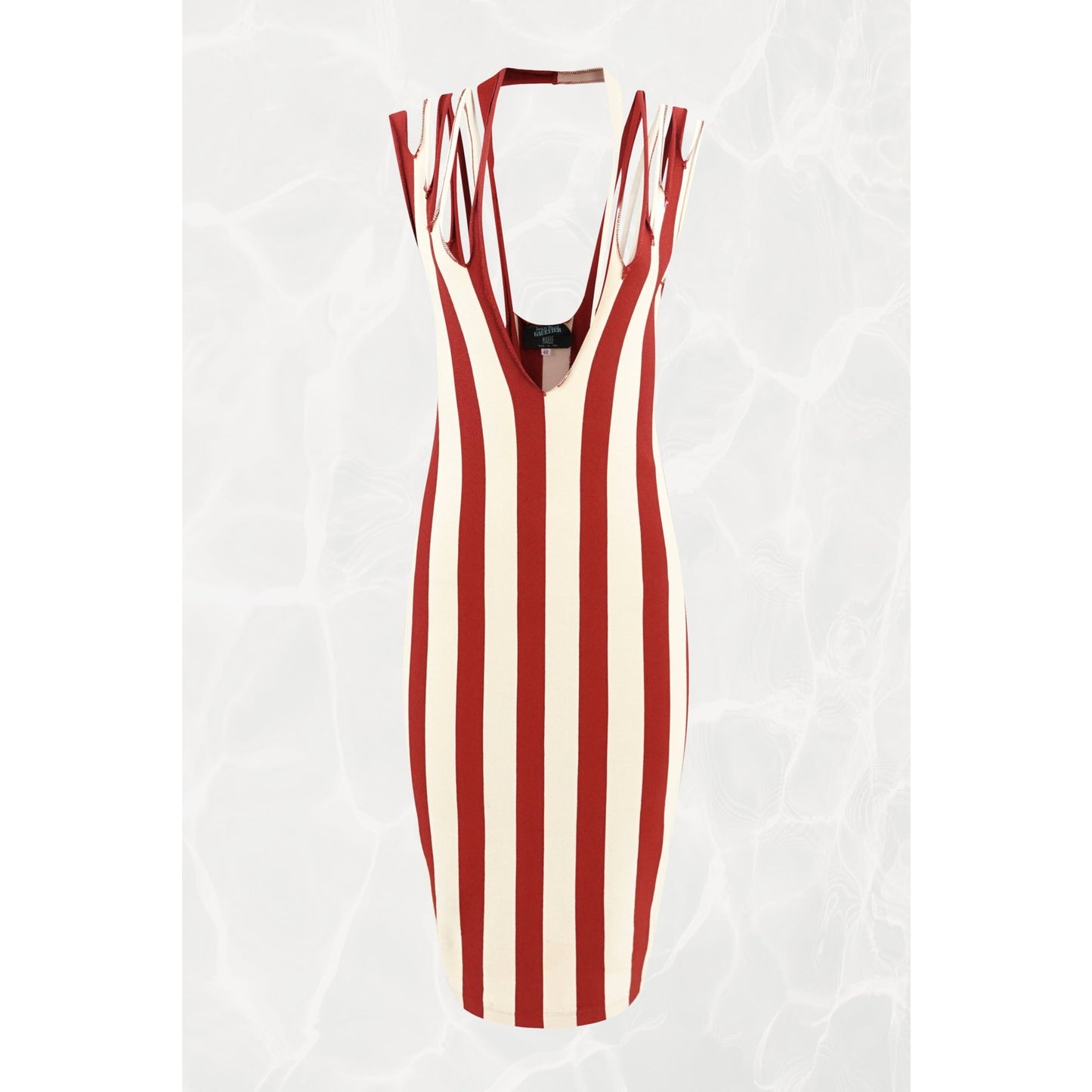 1990s Maille Red and Cream Stripe Multi-Strap Bodycon Knit Midi Dress