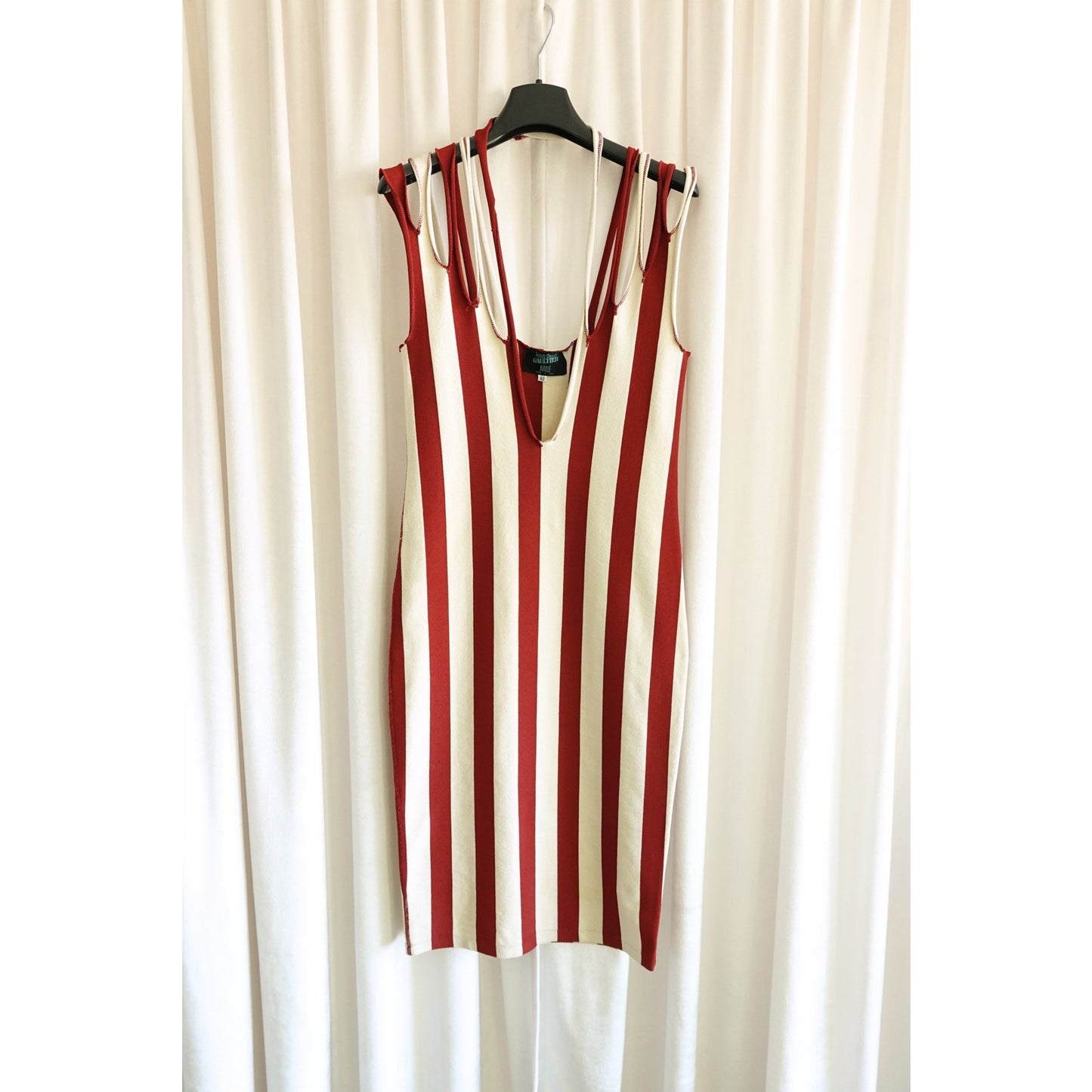 1990s Maille Red and Cream Stripe Multi-Strap Bodycon Knit Midi Dress