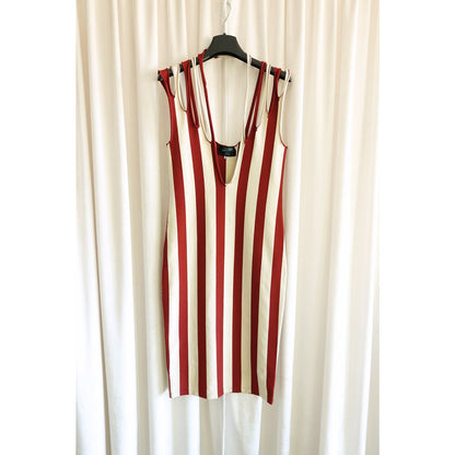 1990s Maille Red and Cream Stripe Multi-Strap Bodycon Knit Midi Dress