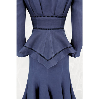 1990s Navy Linen Peplum Jacket and Skirt Set