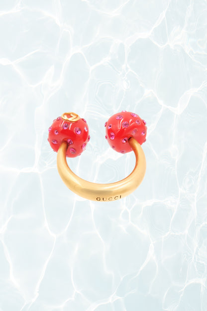 GG Logo Cherry Ring Gold and Enamel with Pink Crystals