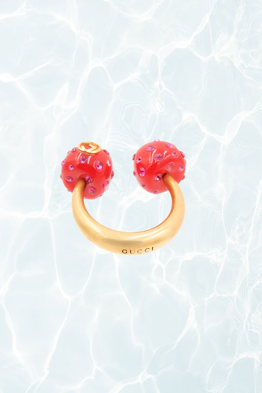 GG Logo Cherry Ring Gold and Enamel with Pink Crystals