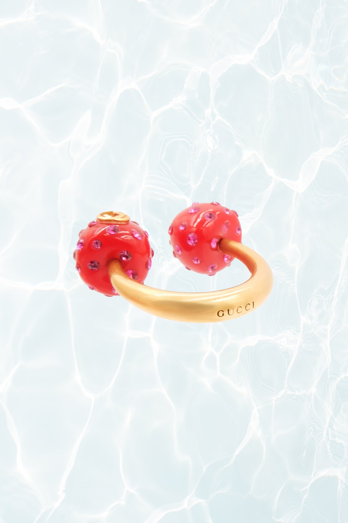 GG Logo Cherry Ring Gold and Enamel with Pink Crystals