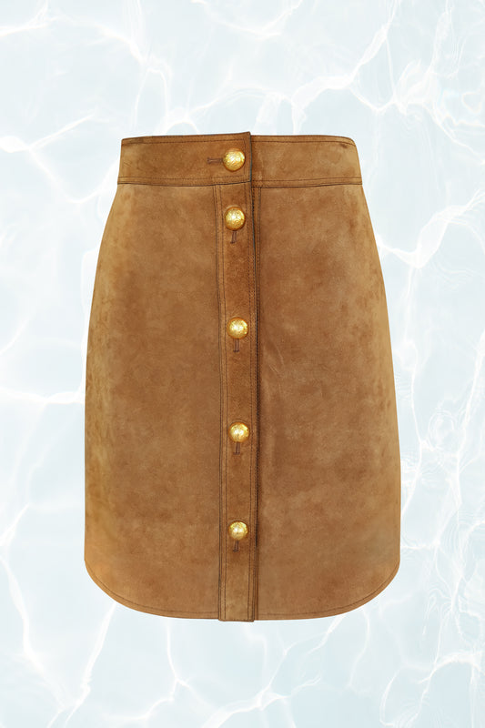 SS15 Brown Suede Skirt with Gold Button Down Front