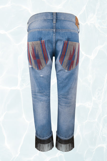 Patchwork Distressed Fringe Jeans SS14 Runway