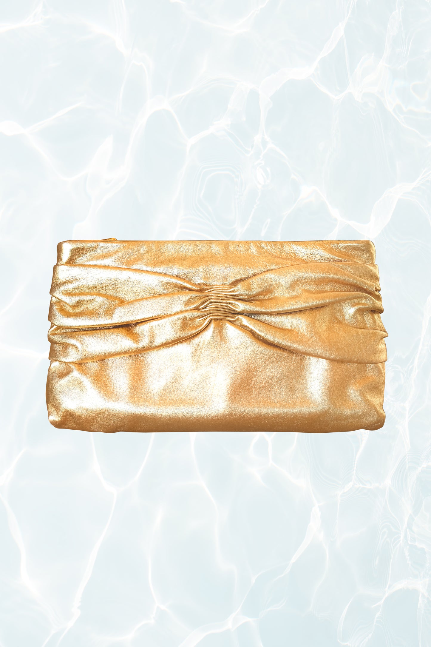 Gold Ruched Leather Pouch Clutch