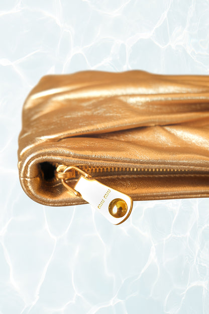 Gold Ruched Leather Pouch Clutch