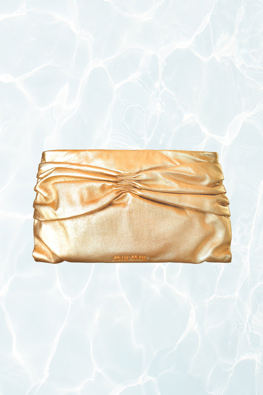 Gold Ruched Leather Pouch Clutch