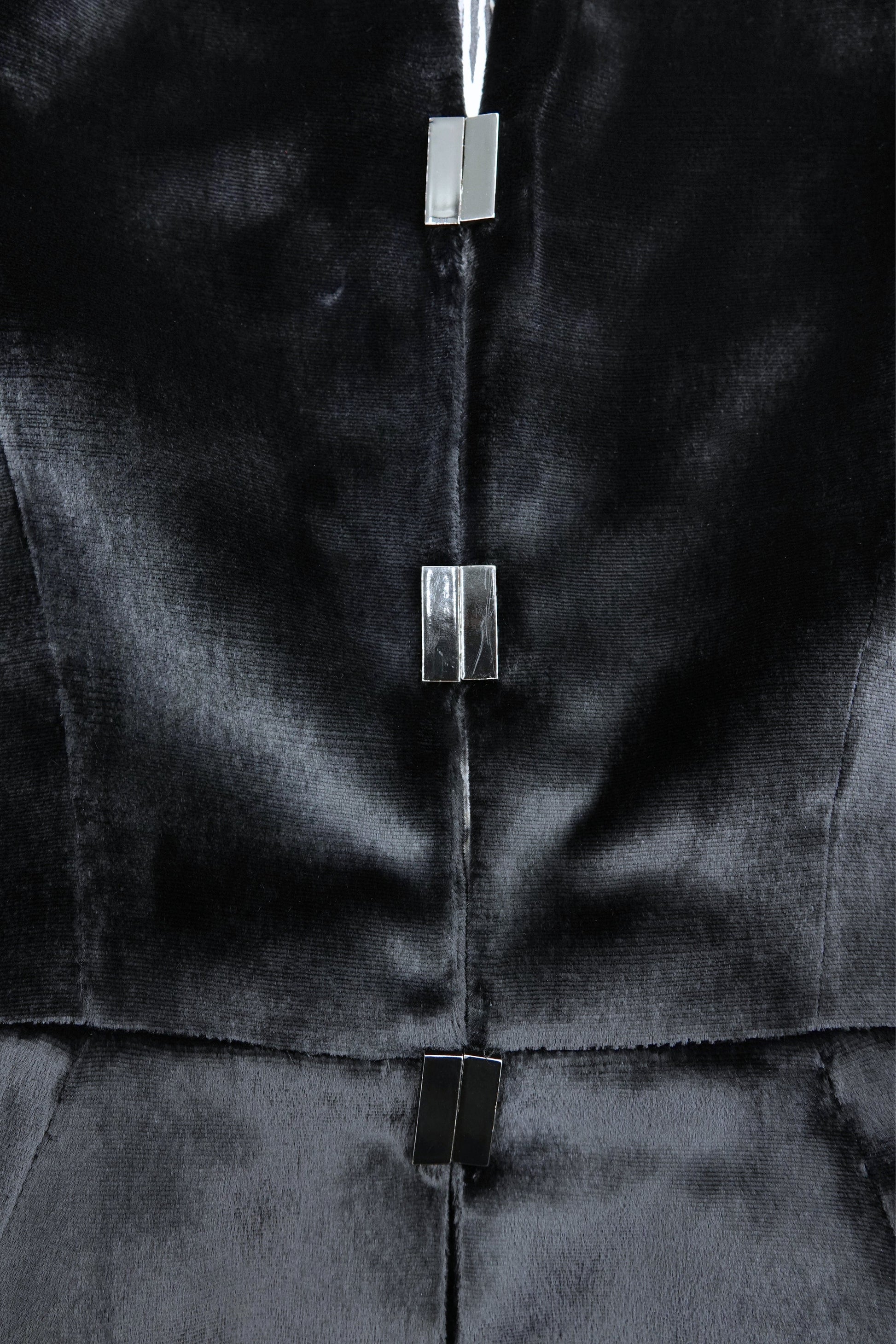 Thierry Mugler Couture velvet jacket, silver bar clasp close-up -- Disco Palma